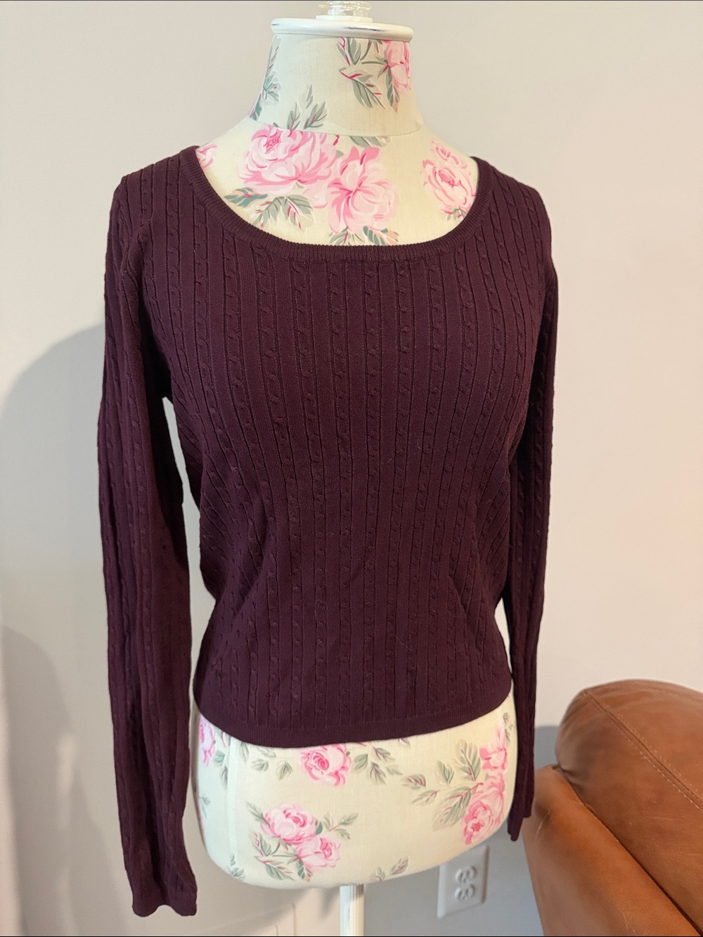 H&M Women's Cable-Knit Scoop Neck Sweater in Deep Burgundy Plum